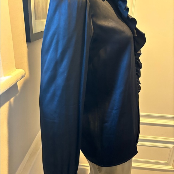 VTG YVES SAINT LAURENT Womens BLACK Long Sleeve Frill SILK CHARMEUSE Blouse Sz S - Picture 4 of 8